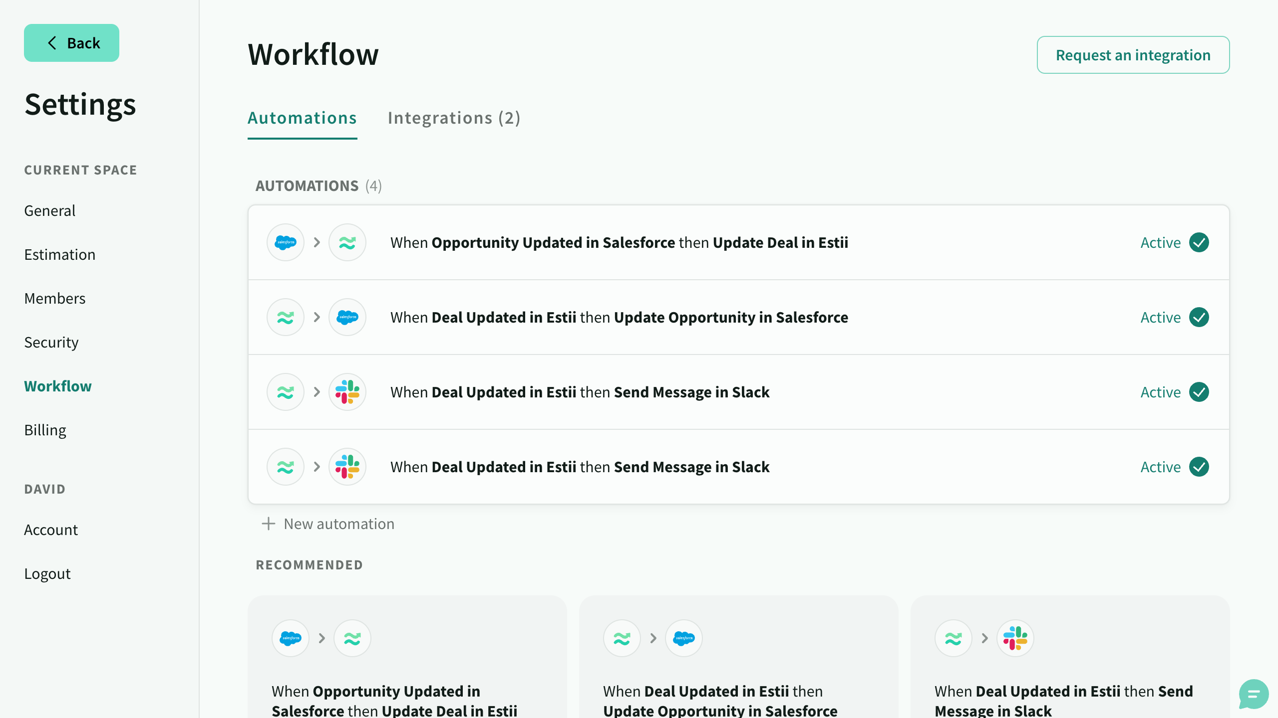 Workflow automations settings screen