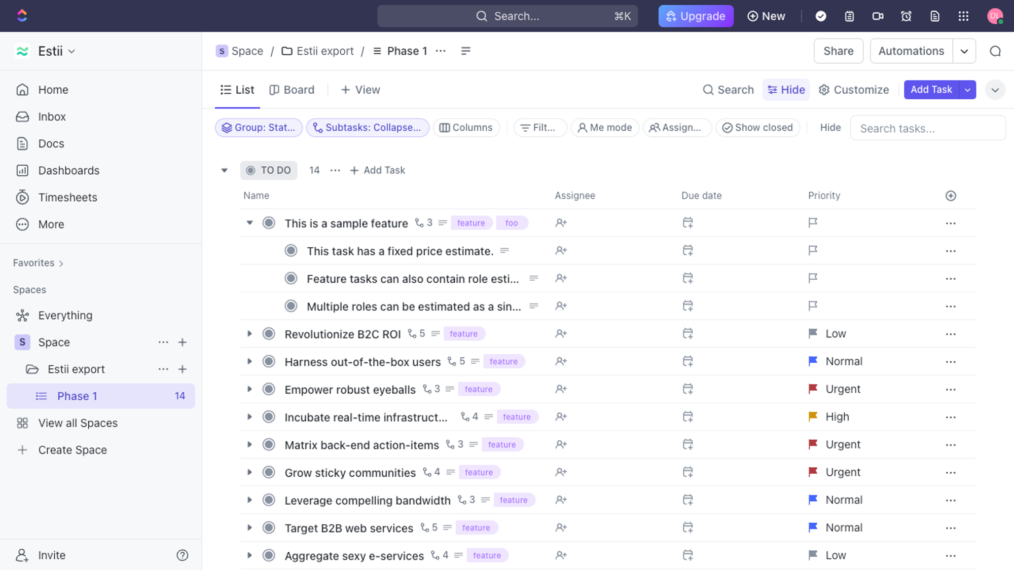 Exported tasks in ClickUp