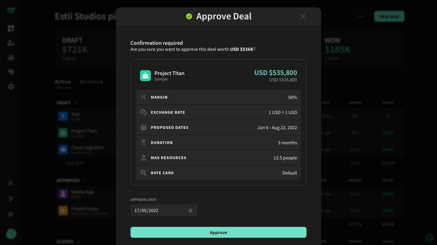 When a deal currency is active, value is displayed in both the deal and space currency (along with exchange rate)