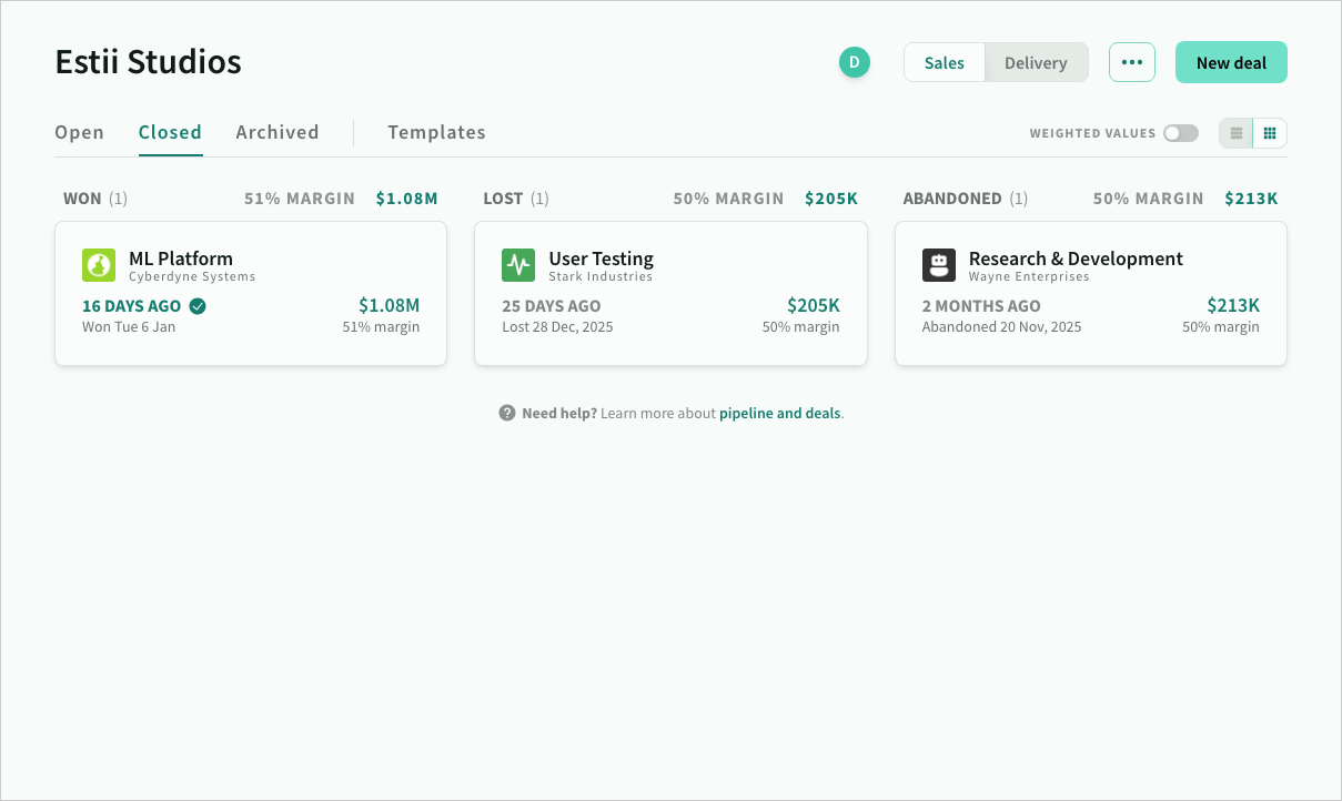 The closed pipeline tab