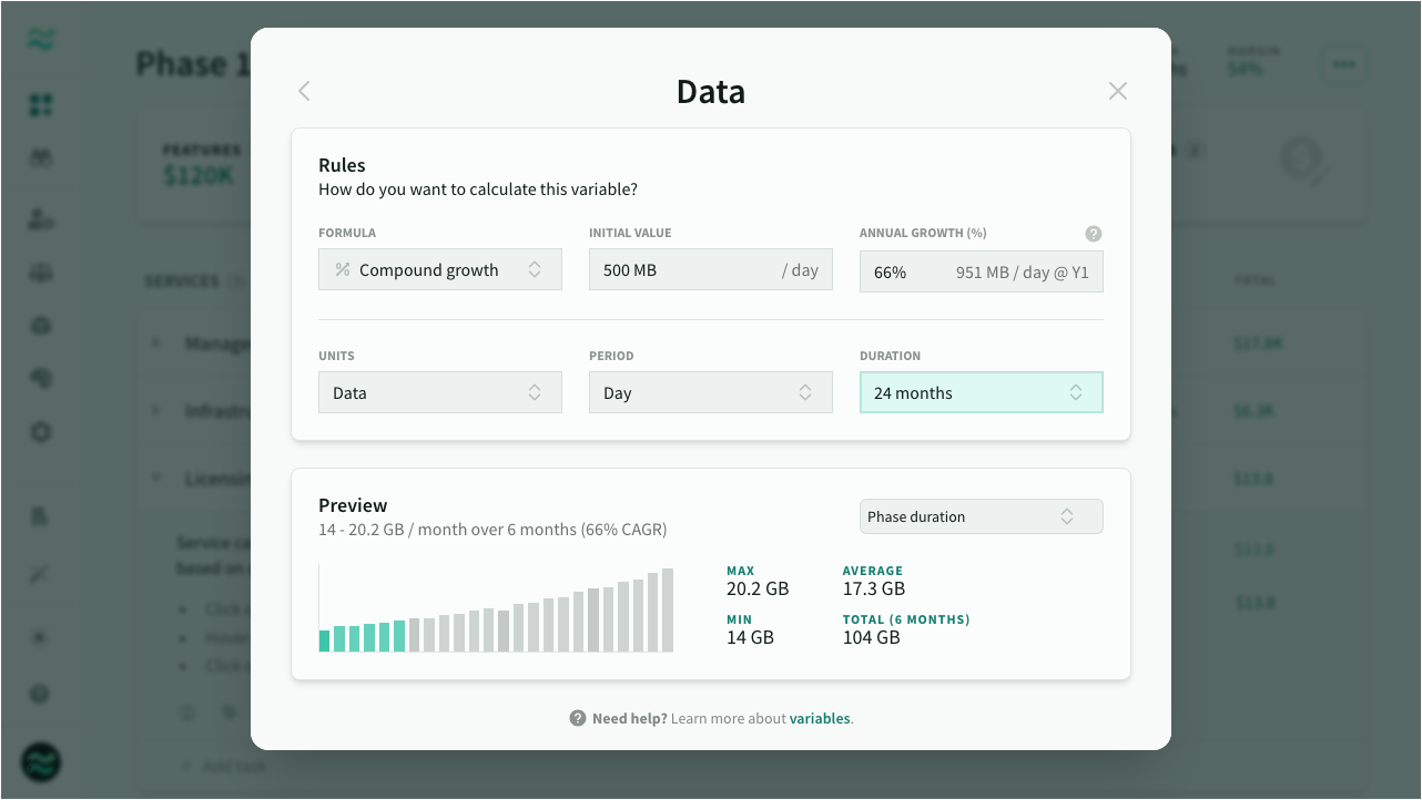 Variable with CAGR percent-based formula and data-based units