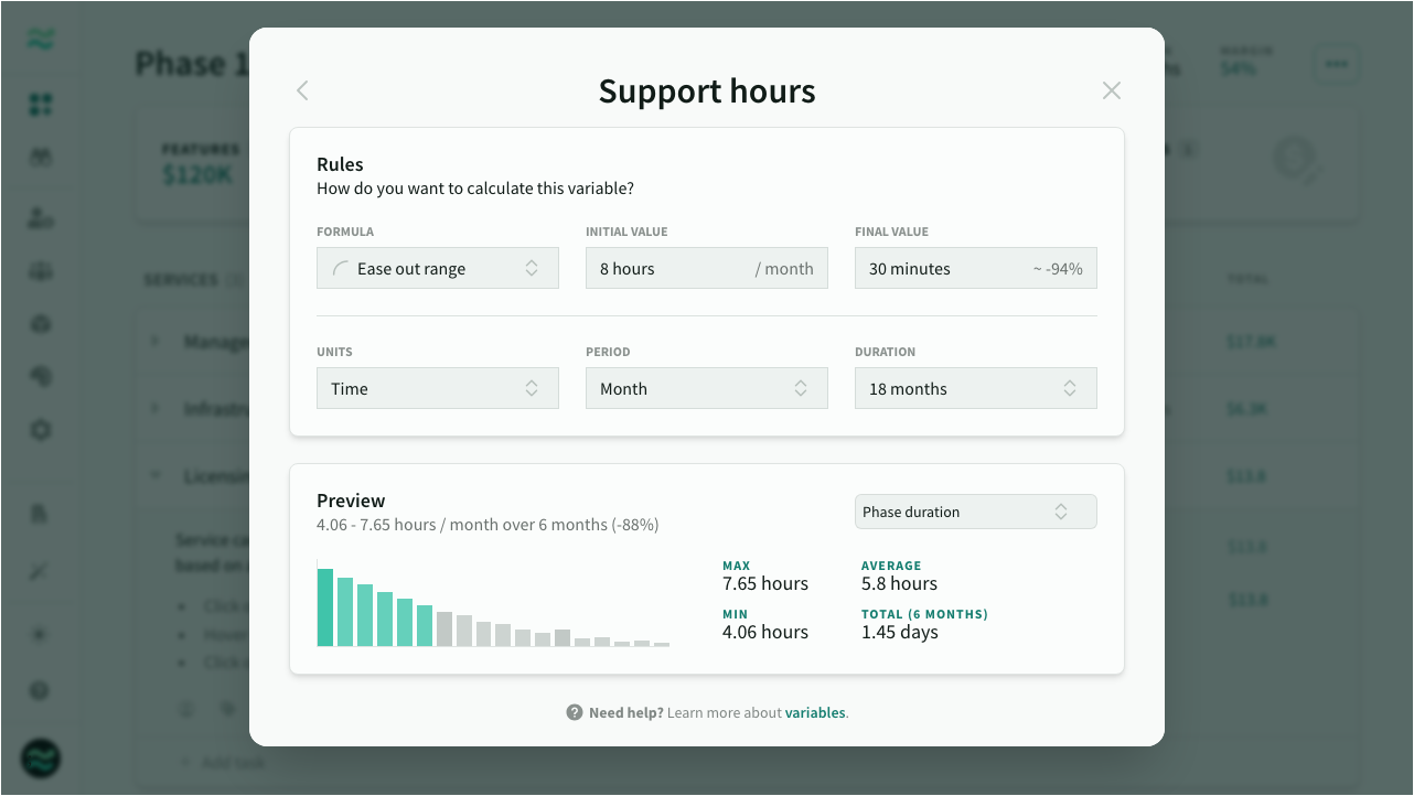 Variable with range-based formula, decreasing values and time-based units