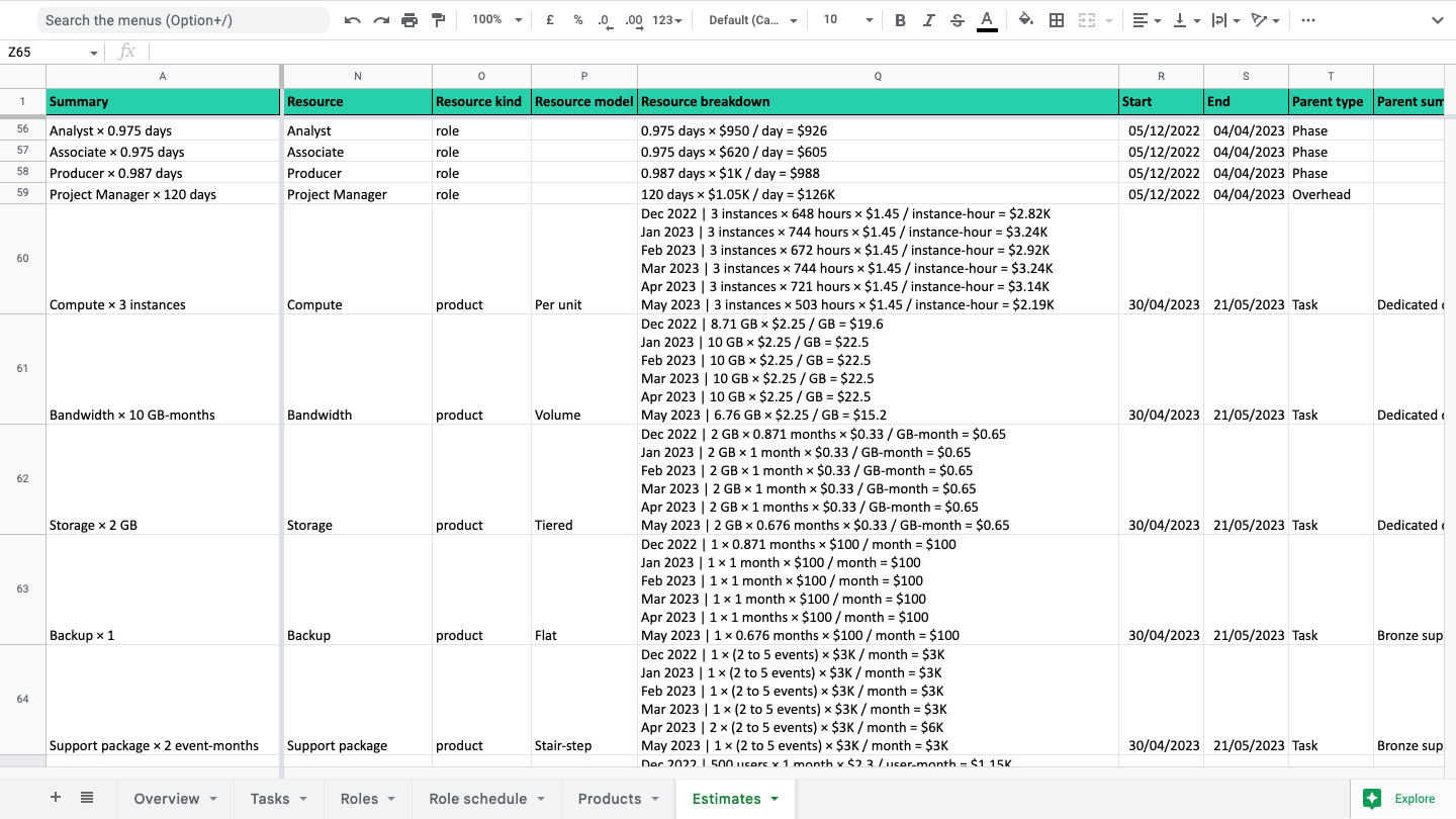 Exported deal estimates sheet