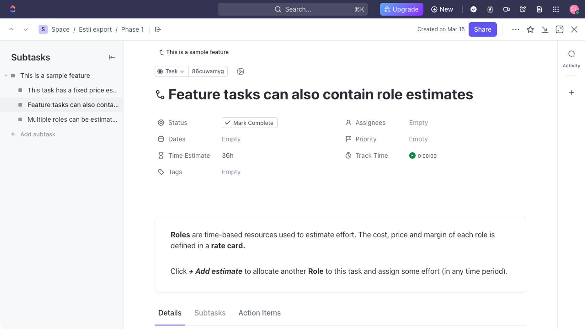 Example task with formatted description and time estimates