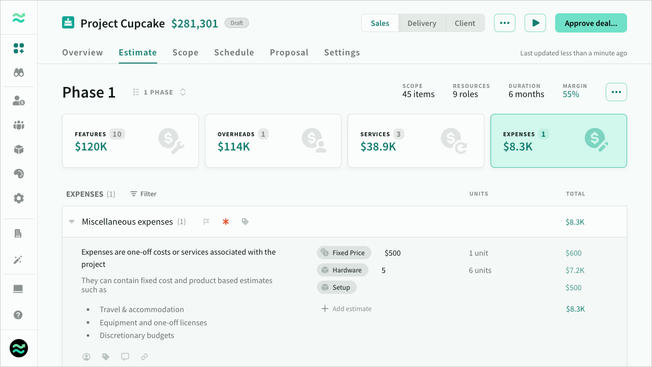 Example of one-off expenses (from the updated sample deal)