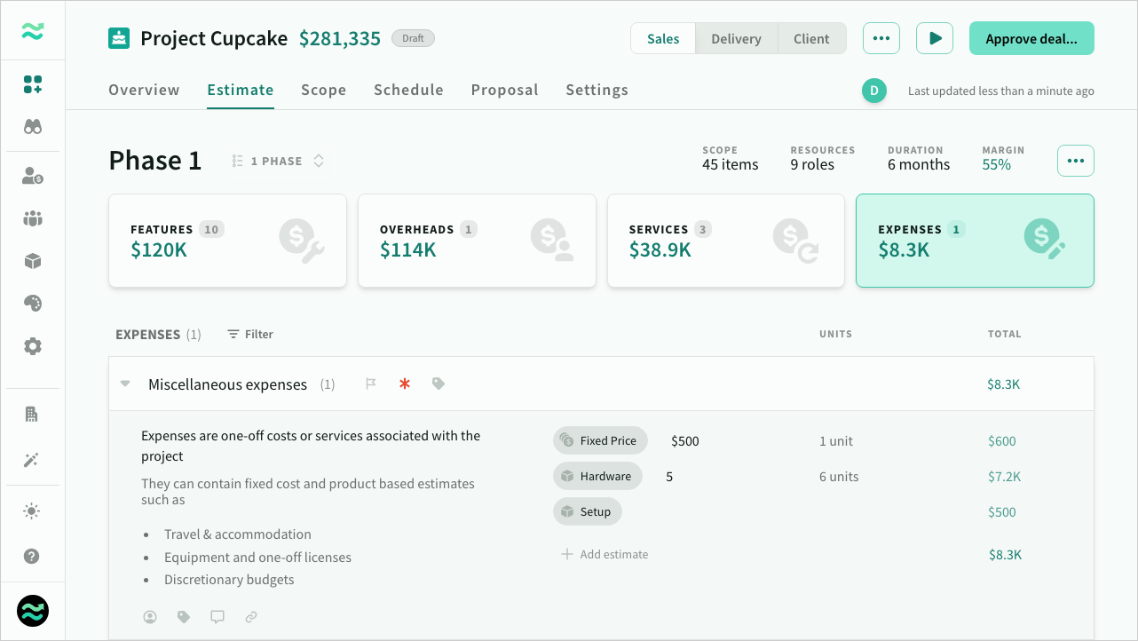 The expense estimaes screen