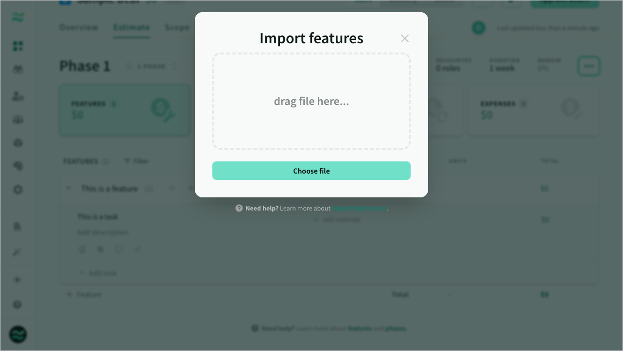 The feature import dialog