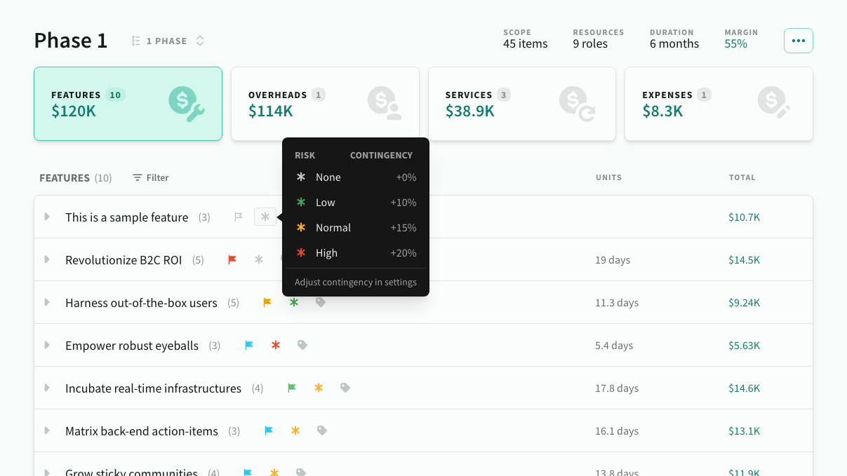To set the feature risk level, click the risk icon