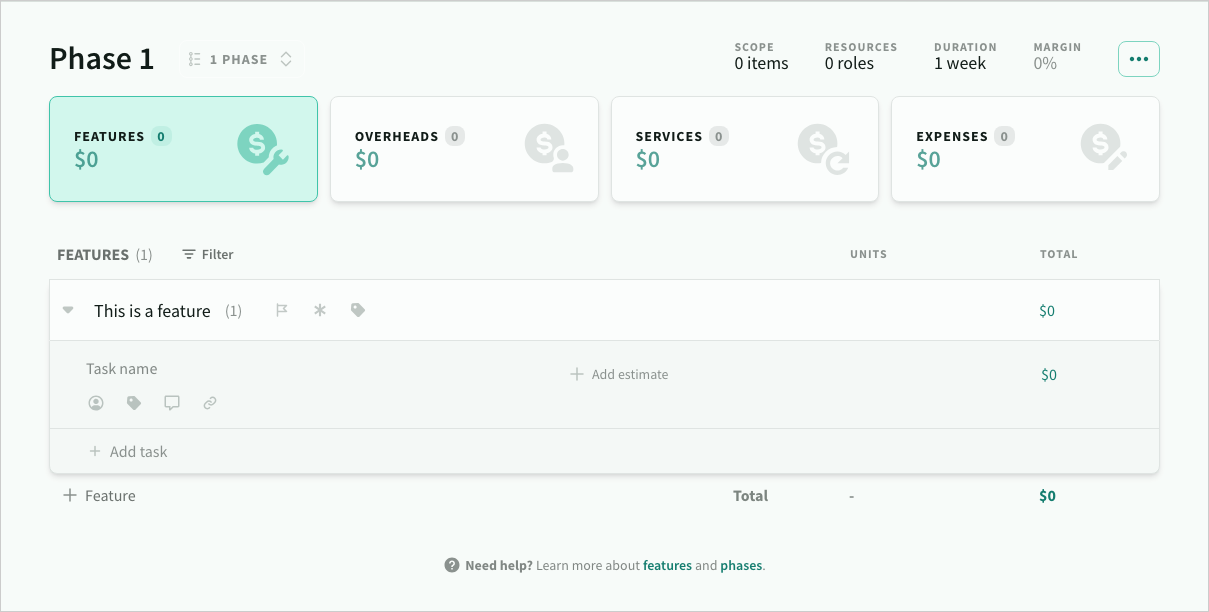 An expanded feature showing a new task