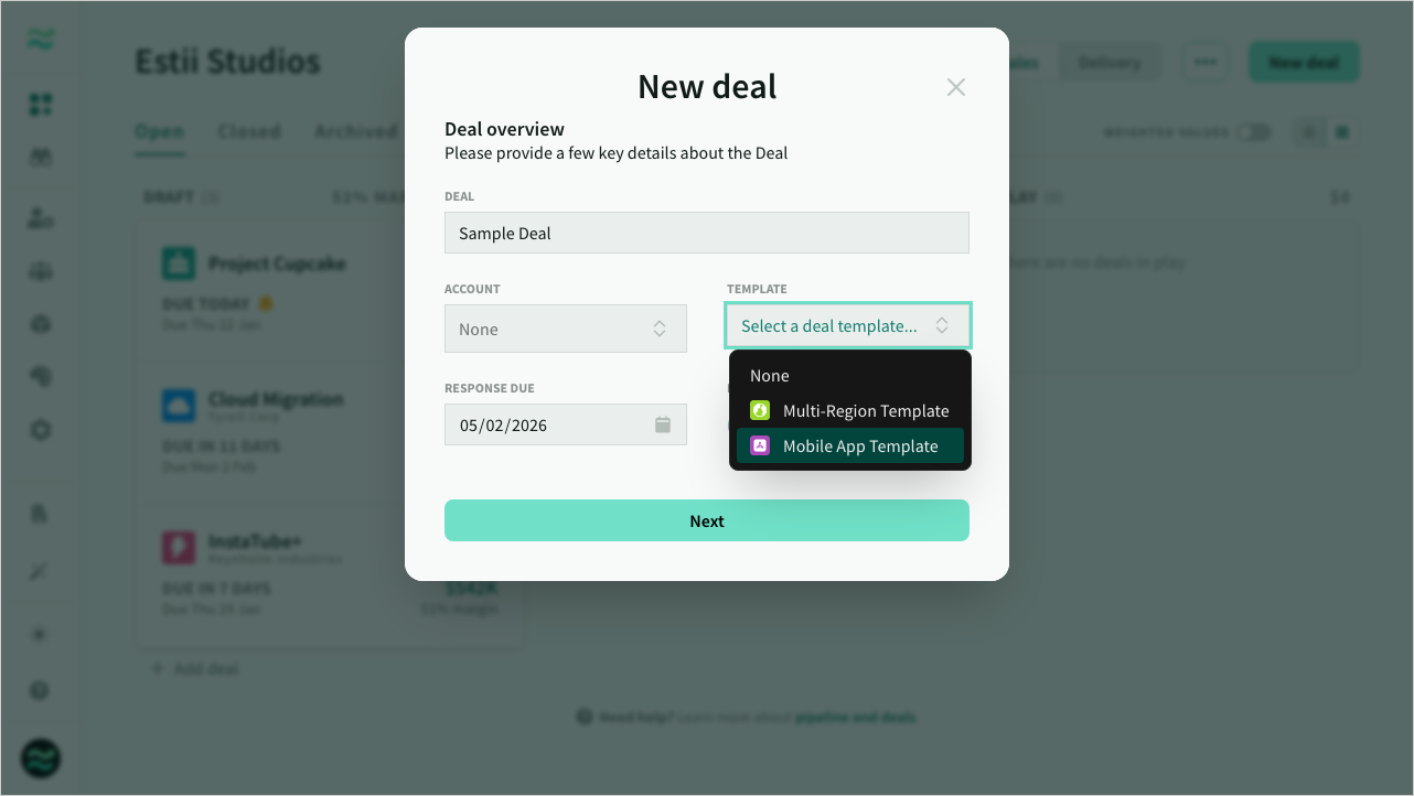 Creating a deal from a template