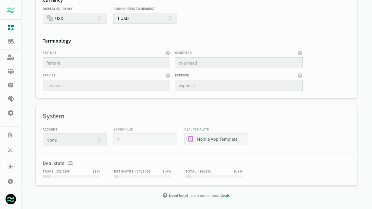 Deal template in settings