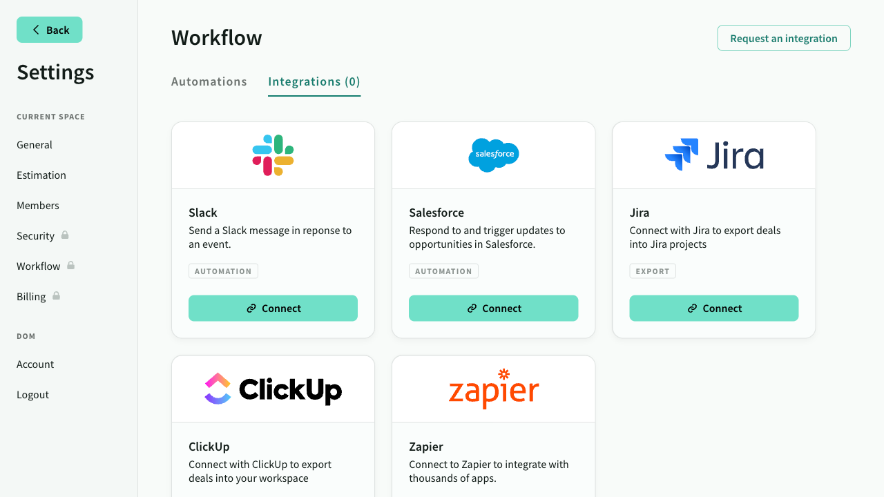 Integrations setting screen