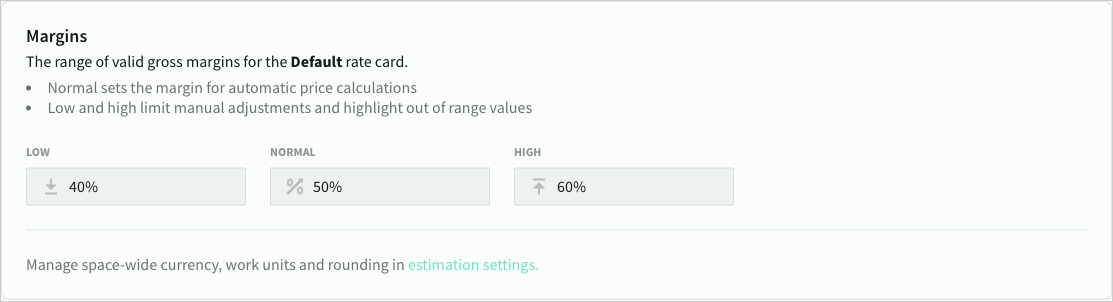 Margin settings for a rate card