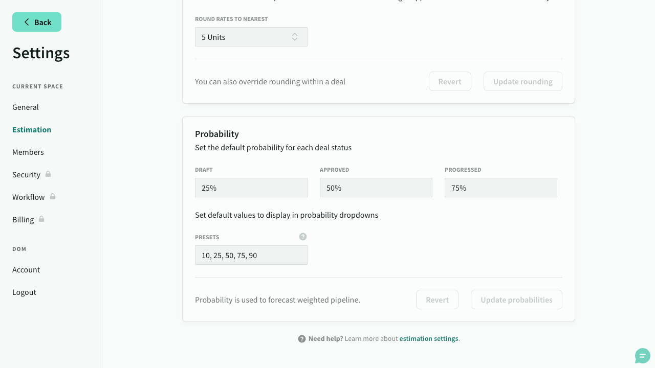 Probability settings