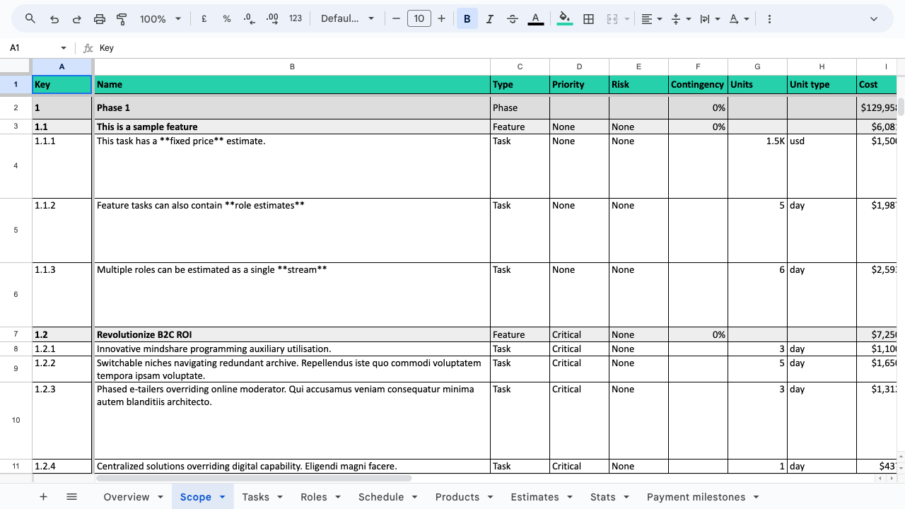 Exported deal scope sheet in WBS format