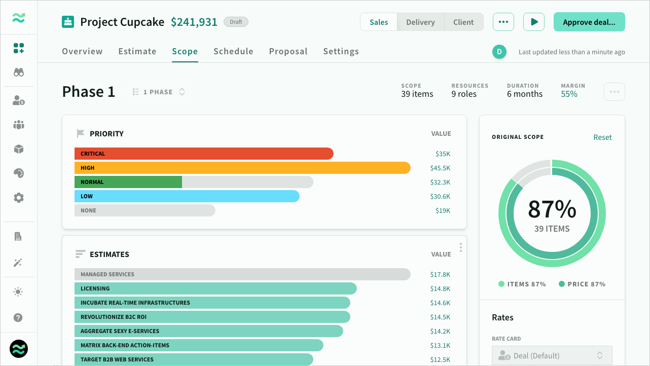 Click on any item to instantly update scope and price
