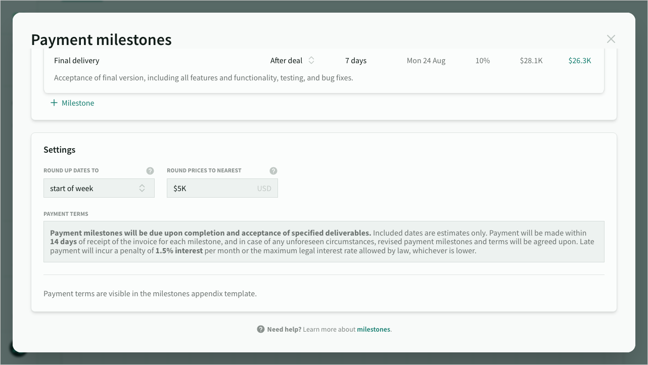 Payment milestone settings