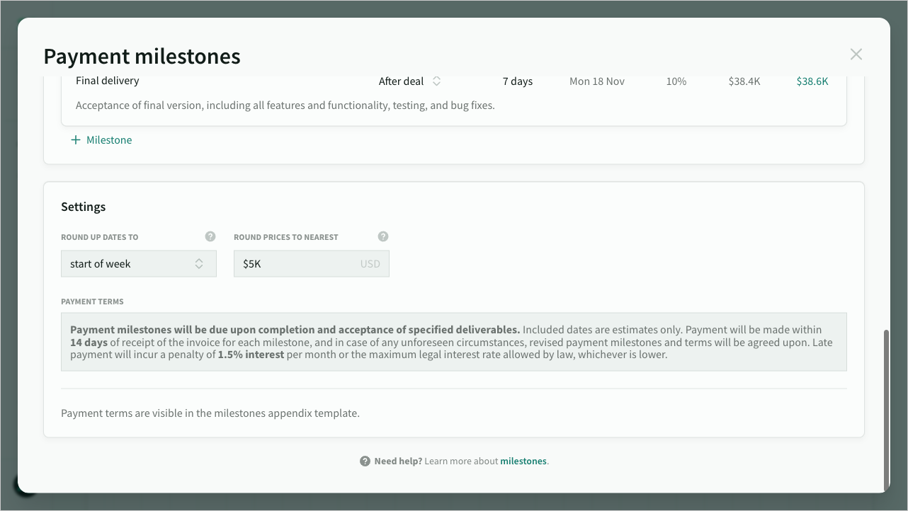 Payment milestone settings