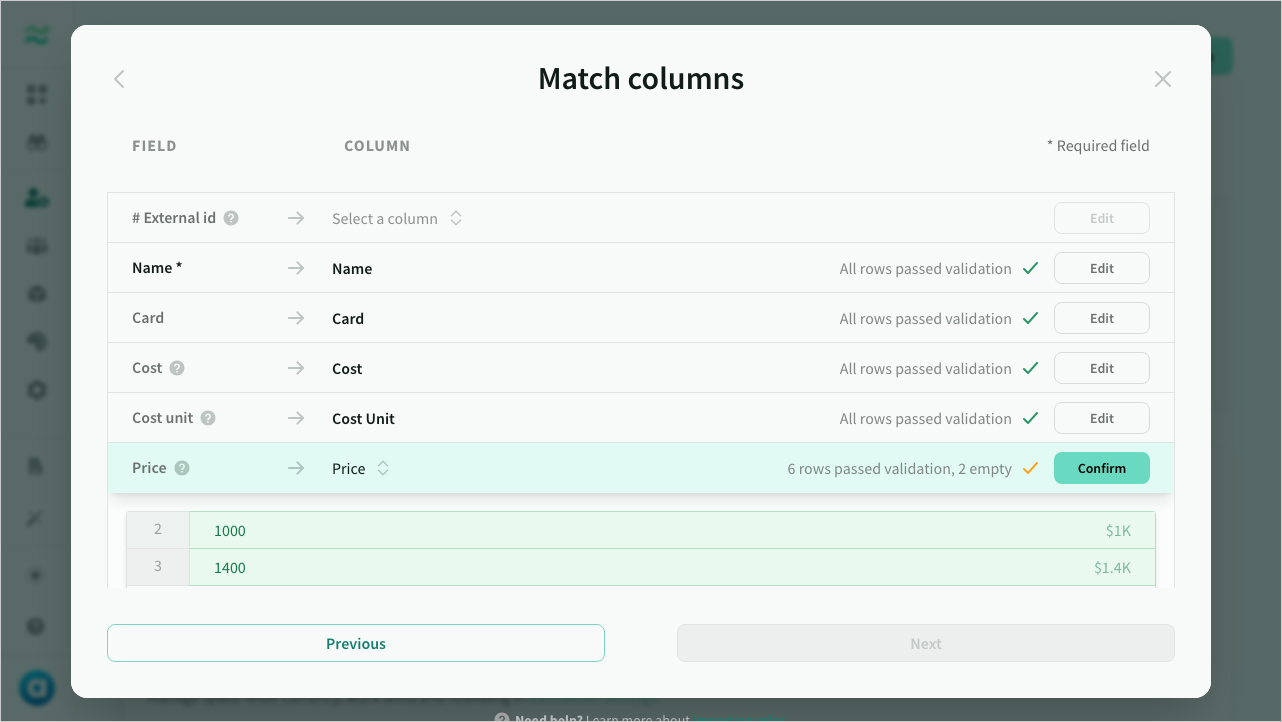 Editing a column match