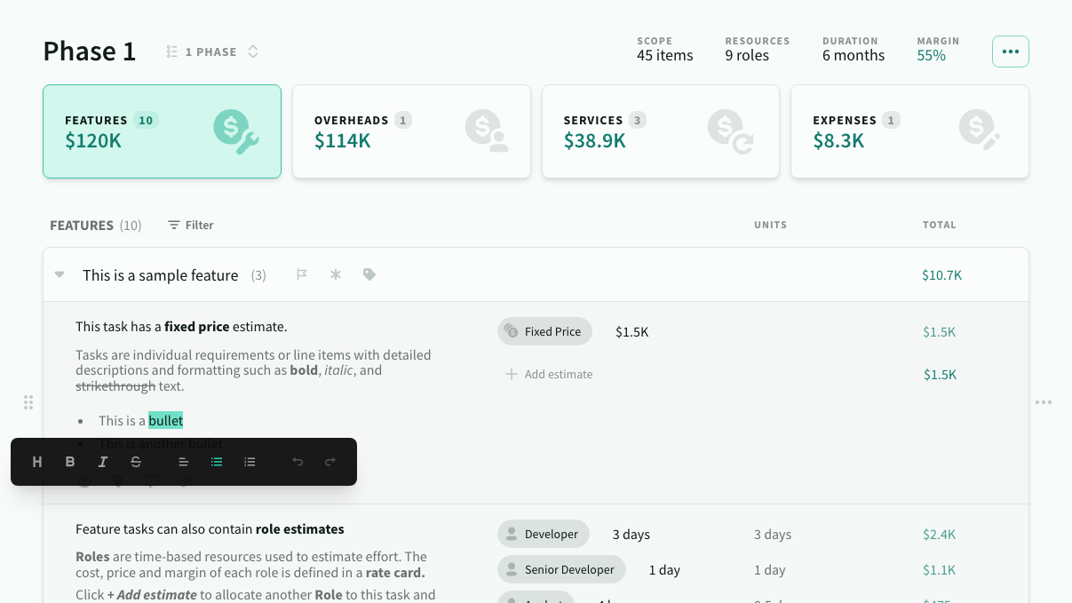 The inline formatting menu