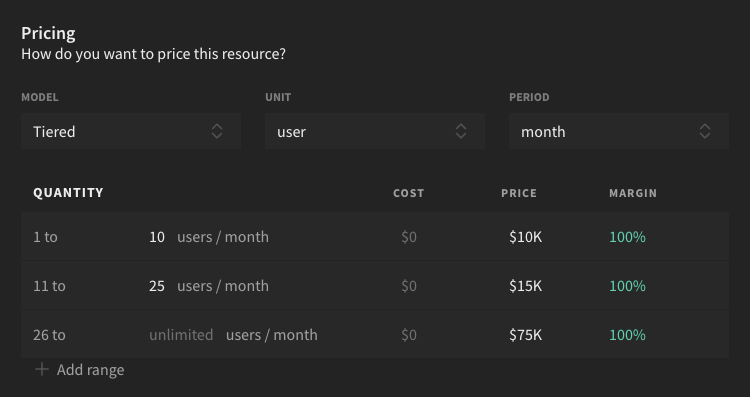 An example of a tiered-price product with three tiers