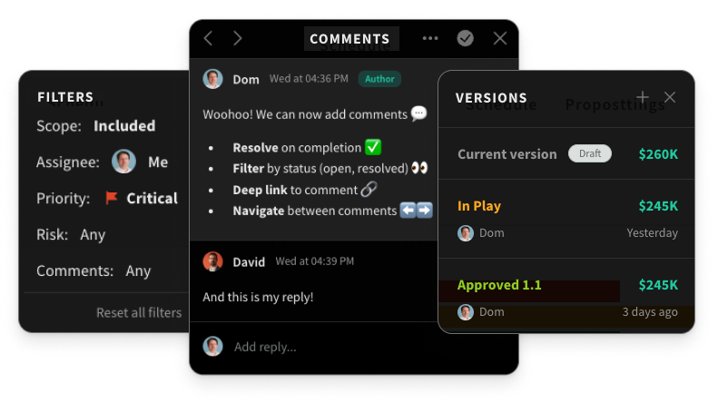 Inline filters, comments and versions